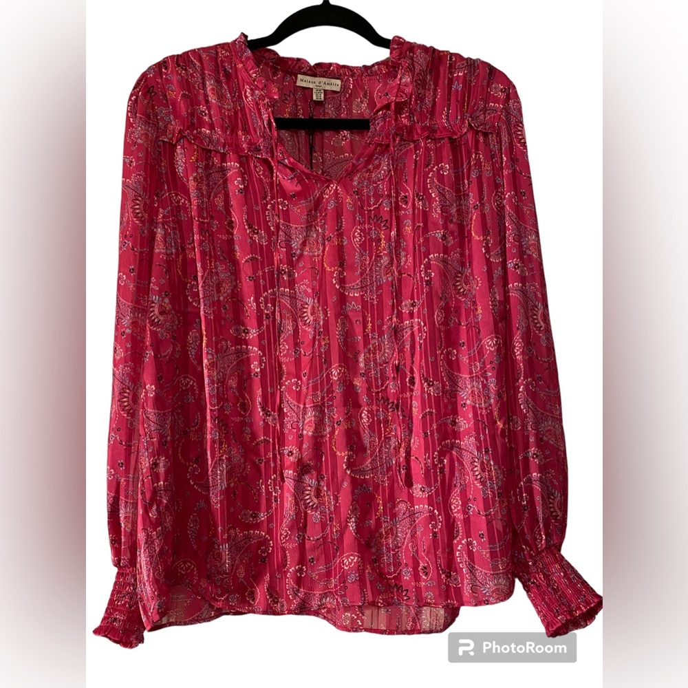 Mason d'Amelie Paris Pink
Paisley Tie Neck Pleated
Blouse Size XL Smocked